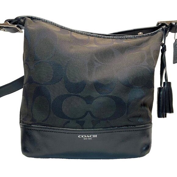 Coach Legacy Signature Duffle Hobo 21149 Black Brown Jaquard Leather Logo GUC